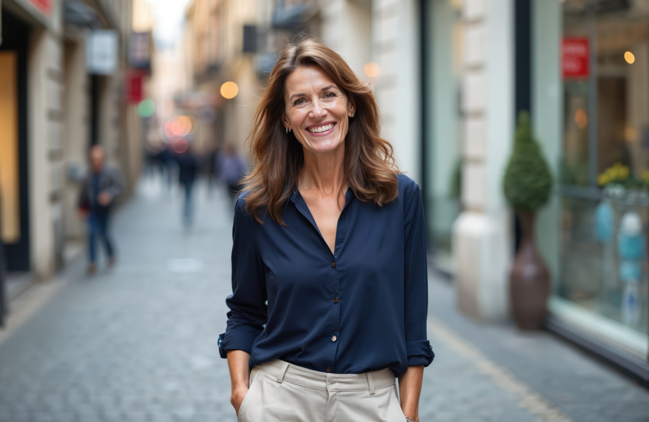 Frau lächelt in Innenstadtstraße, Symbol für Bürgernähe und Sicherheit im Fachbereich Ordnung.