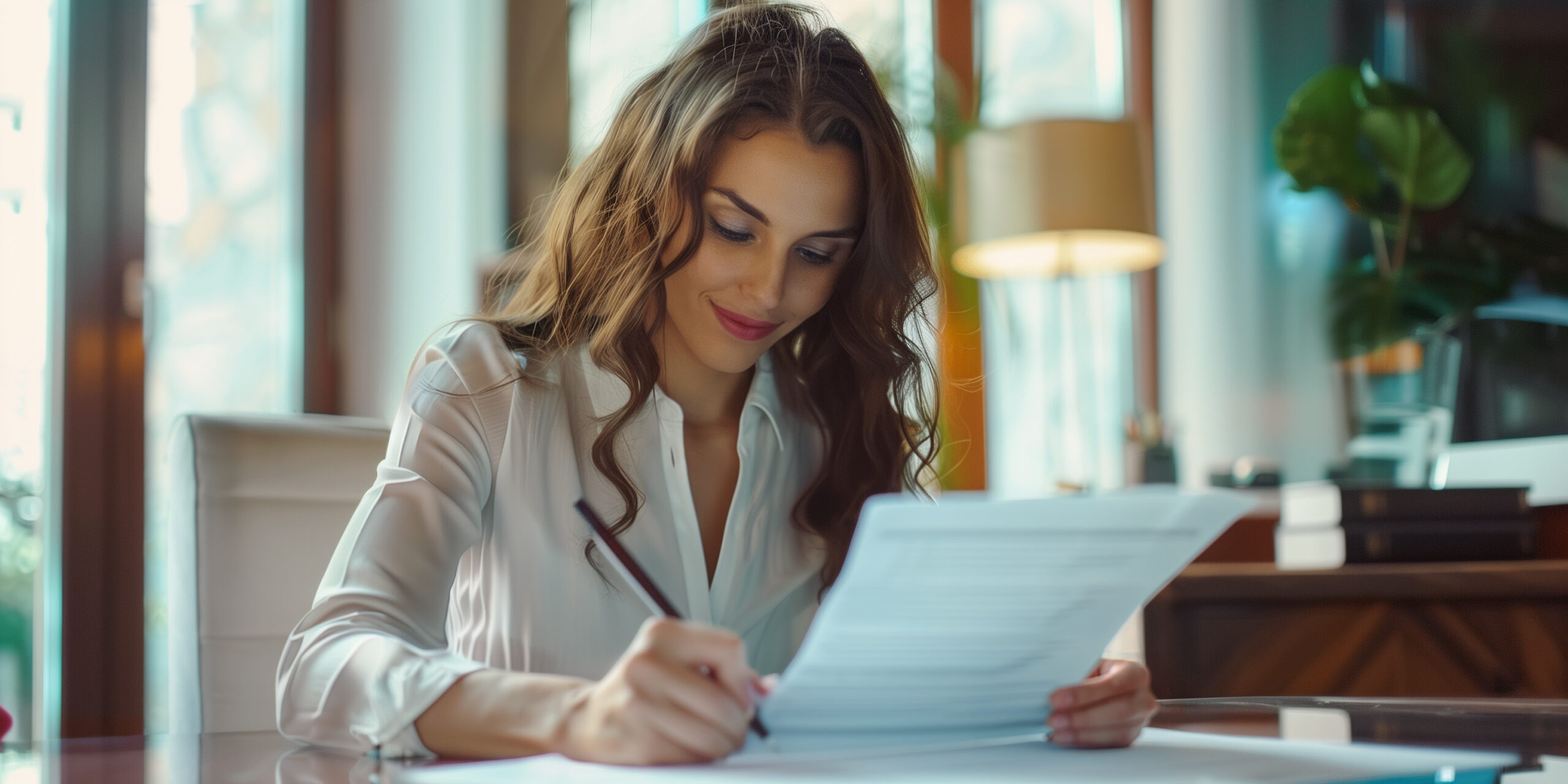 Junge Frau schreibt an einem Schreibtisch, engagierte Arbeit im sozialen Bereich.