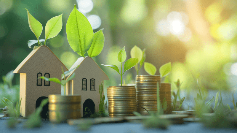 Symbolbild: Kleine Häuser mit grünen Blättern und Münzen