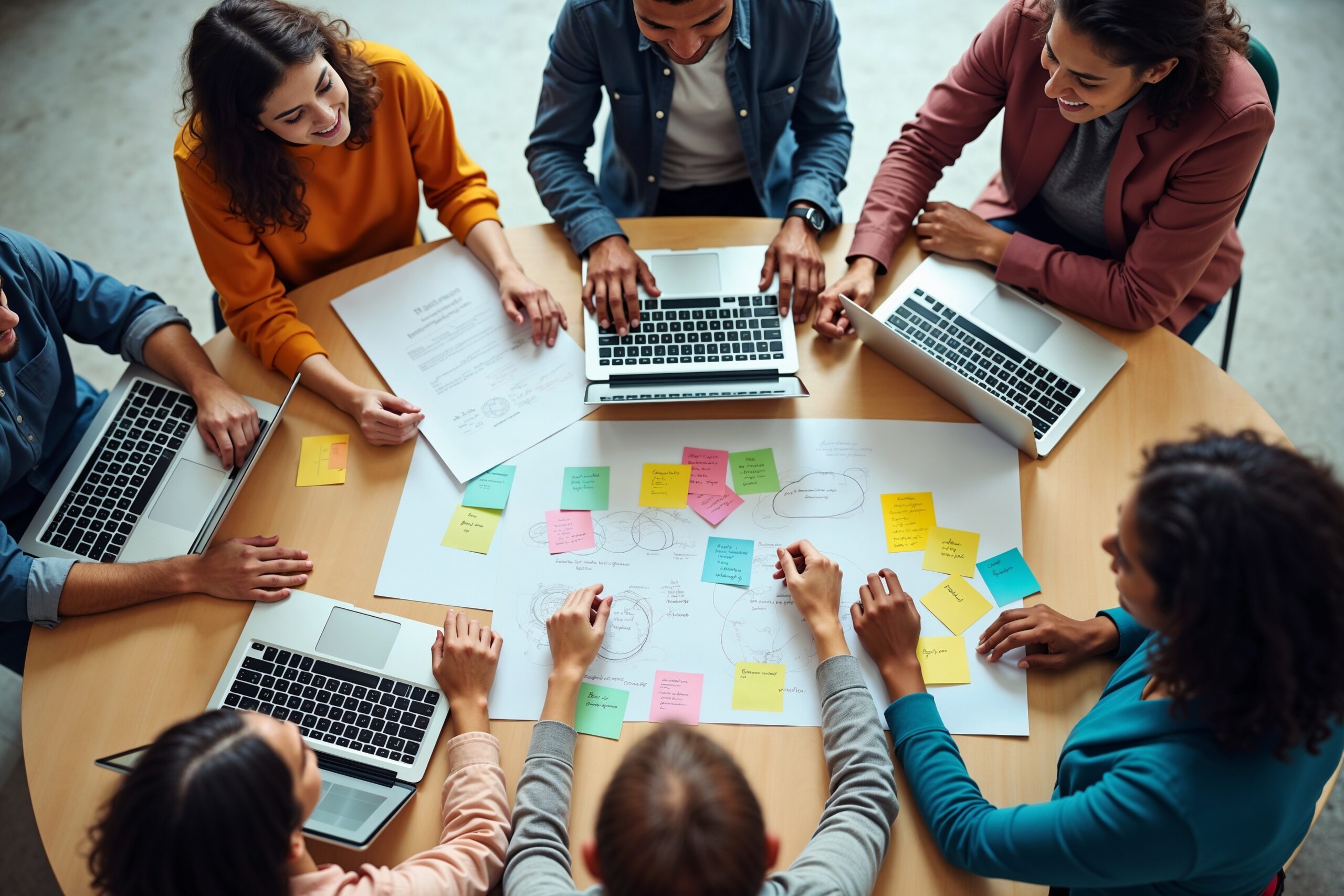 Gruppe arbeitet gemeinsam an Veranstaltungsplanung mit Laptops und bunten Notizzetteln.