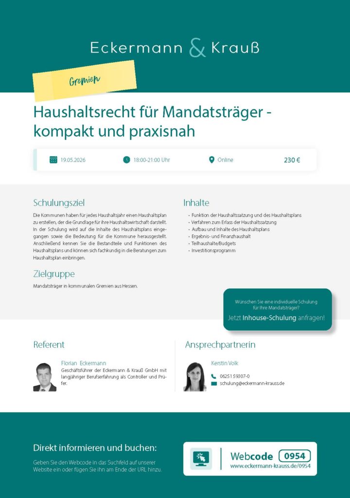Einzelflyer der Schulung Haushaltsrecht für Mandatsträger - kompakt und praxisnah