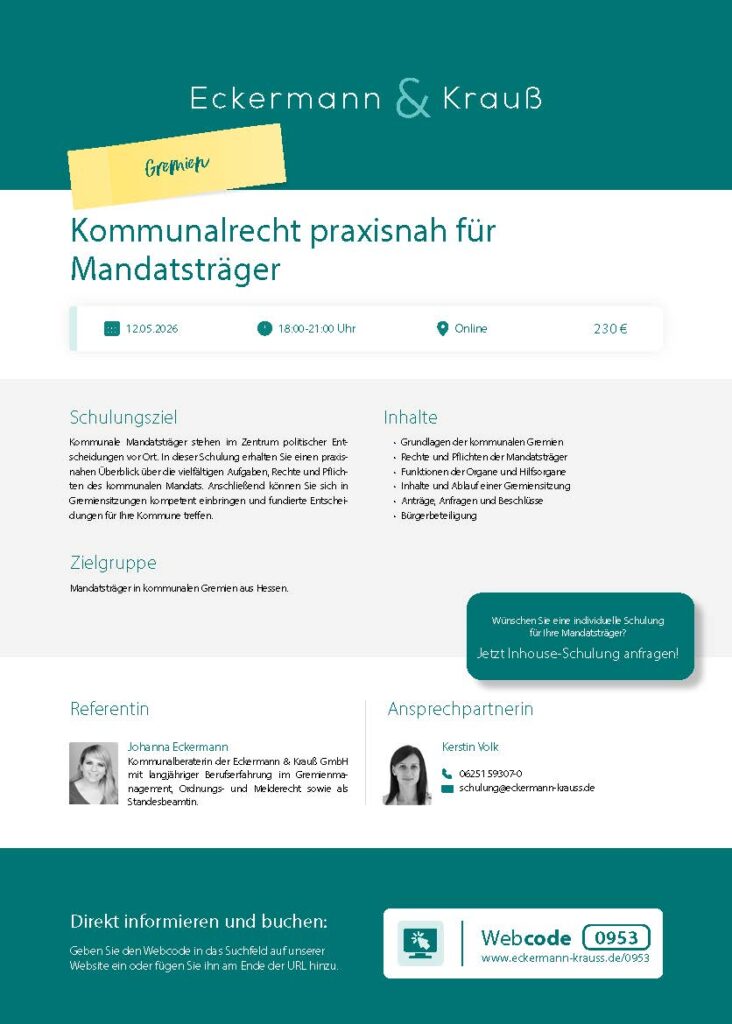 Einzelflyer der Schulung Kommunalrecht praxisnah für Mandatsträger